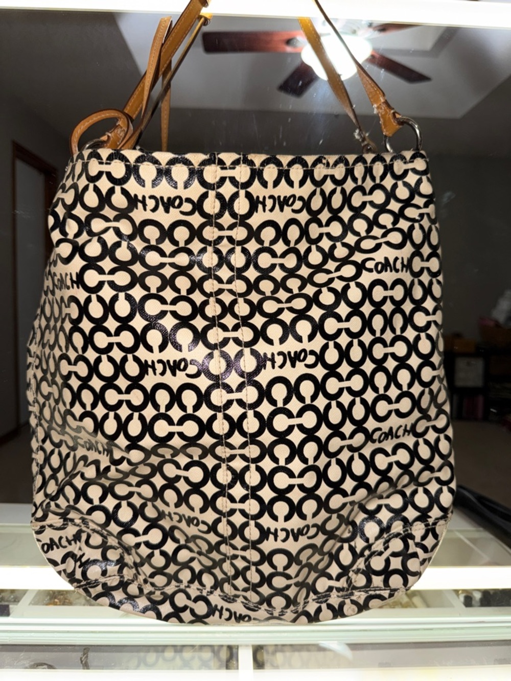 Vintage Coach Black Op Art Leah Signature Tote with Tan Leather Straps